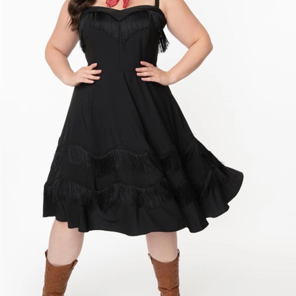 Unique Vintage Dresses & Skirts - Unique Vintage Black Fringe Western Swing Dress, Size 2X/18